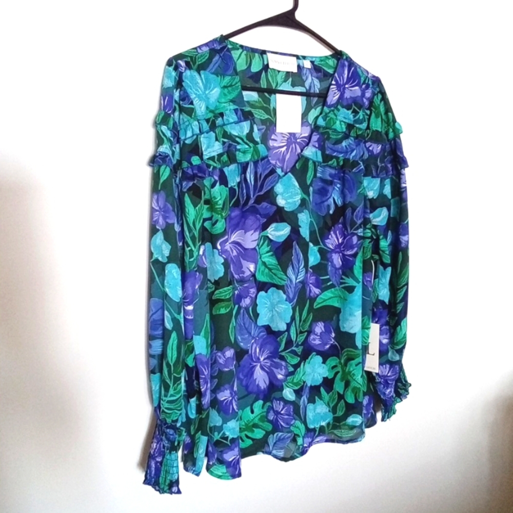 Sunny Leigh Women's Green & Blue Floral Ruffle Long Sleeve Blouse Size 1X